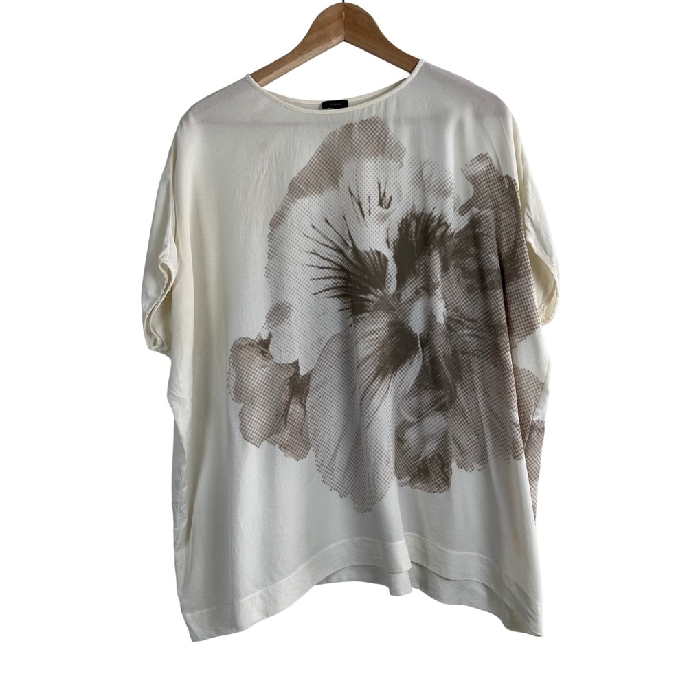 Joseph Silk Pixel Floral‎ Print Boxy Blouse Cream Taupe Short Sleeve Top Size 36